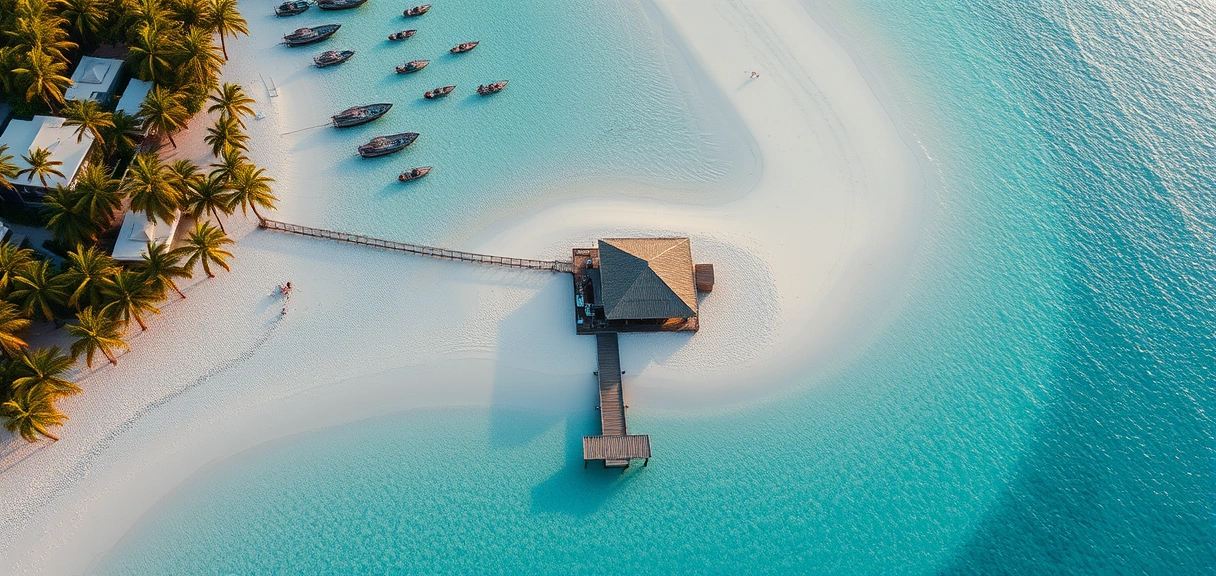 Aerial view of beach bar on the Caribbean coastline