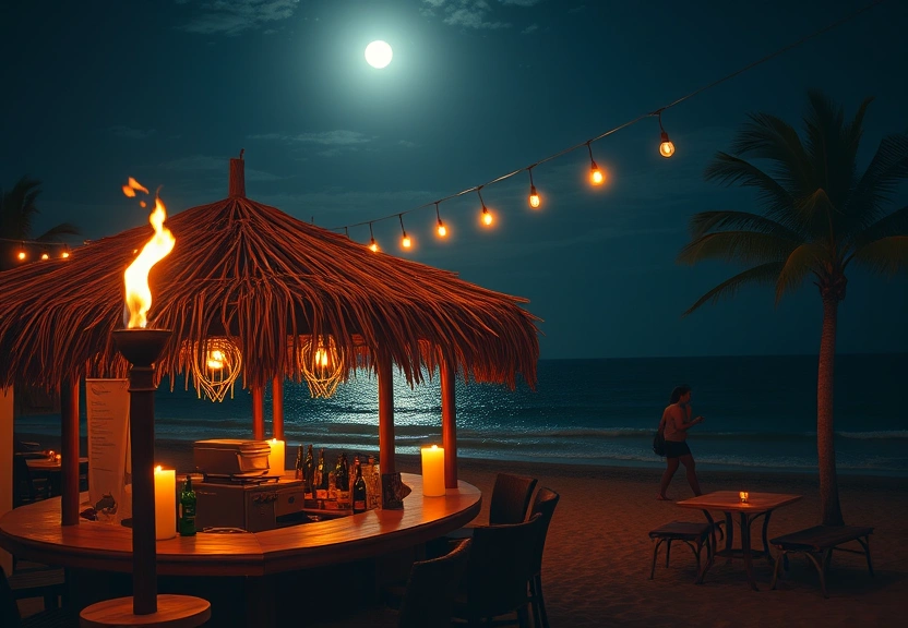 Beach bar at night with tiki torches and moonlit ocean