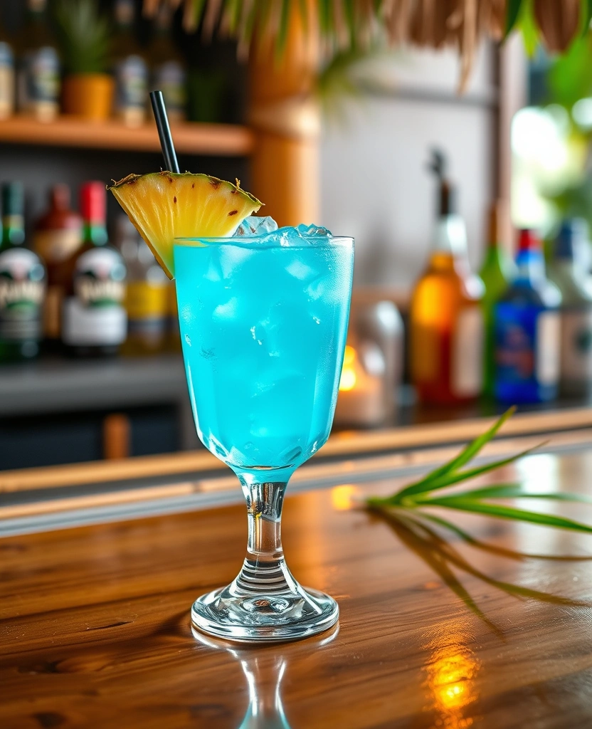 Blue lagoon cocktail with pineapple garnish