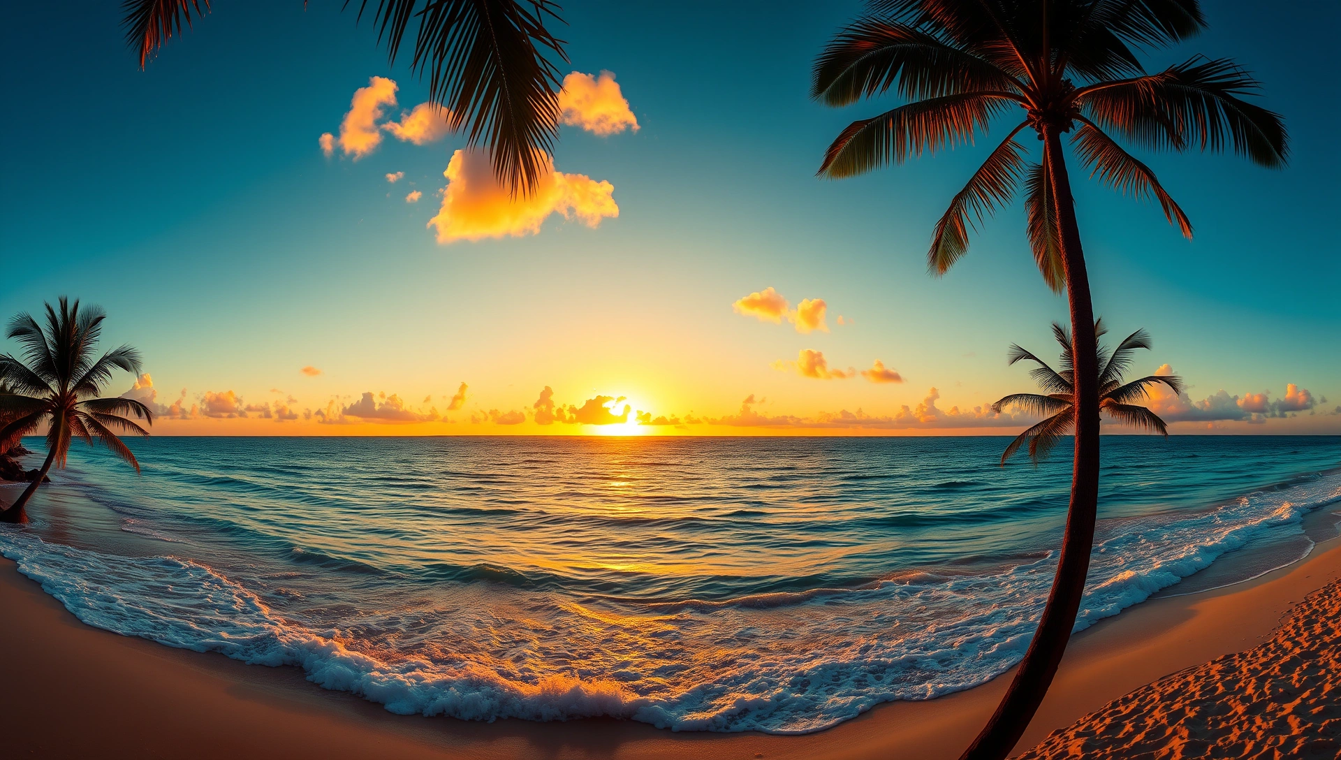 Caribbean beach at golden hour with palm silhouettes and glowing ocean