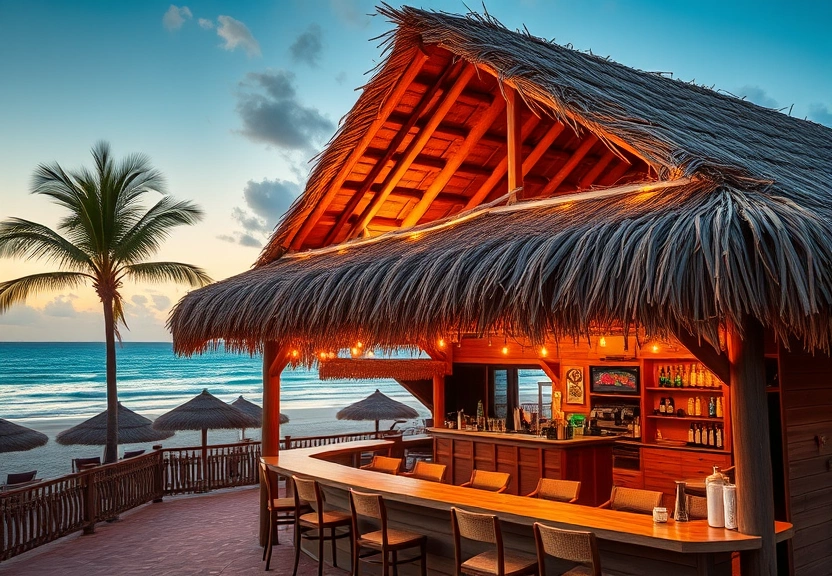 Beach bar exterior at golden hour with string lights