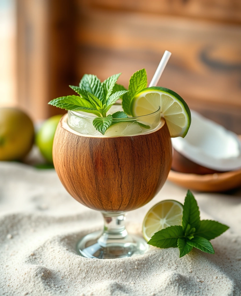 Coconut mojito served in a coconut shell