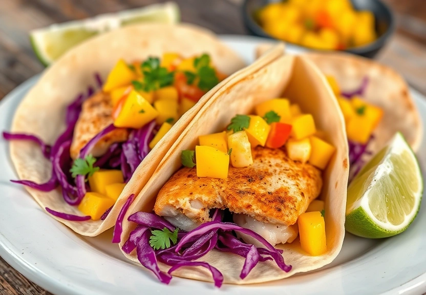 Fresh fish tacos with mango salsa and lime