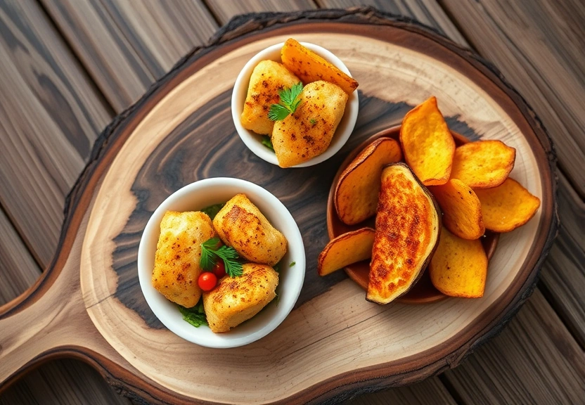 Caribbean small plates on a rustic wooden board