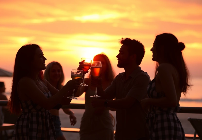 Friends toasting cocktails at sunset
