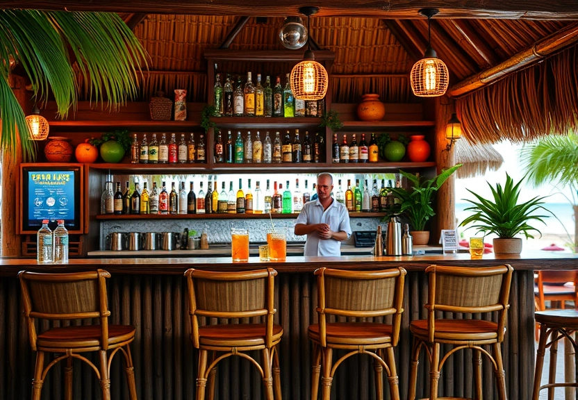 Inside the beach bar with bamboo stools and tropical decor