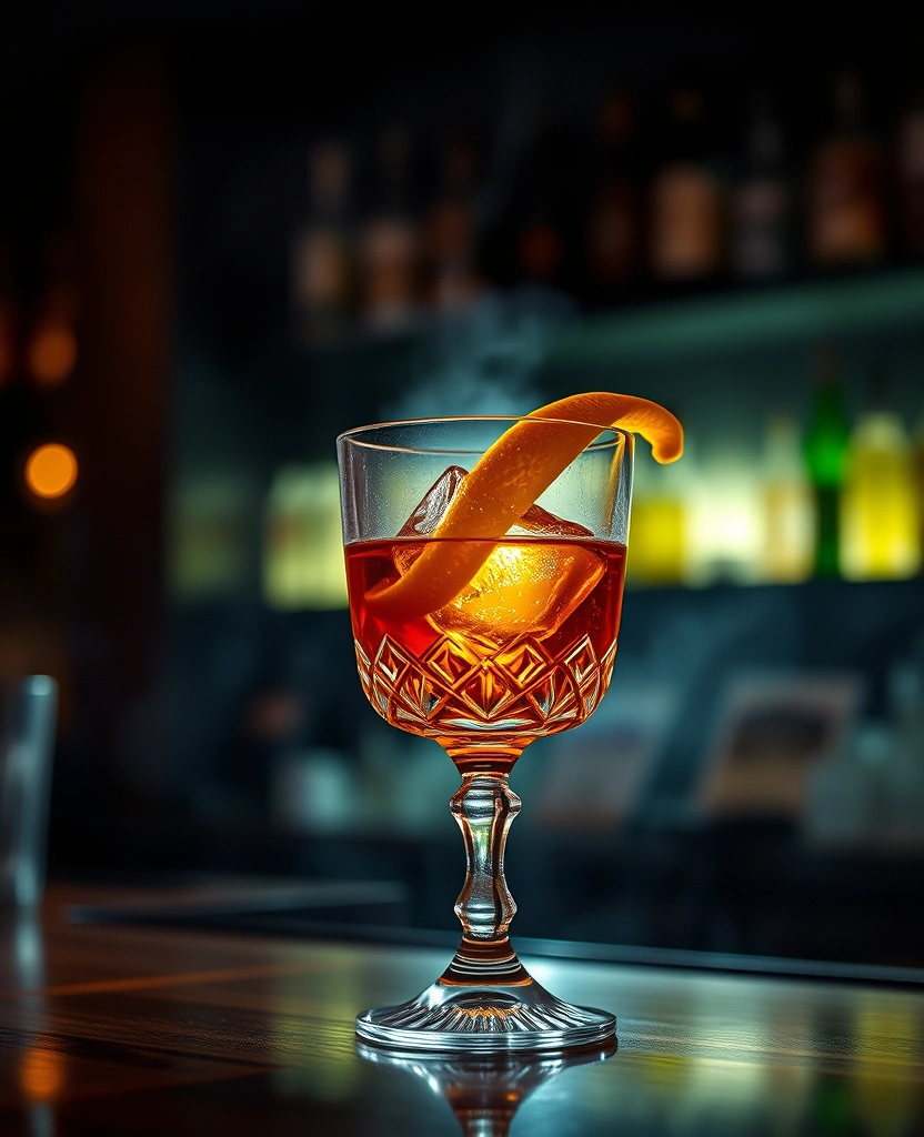 Island old fashioned with orange peel twist