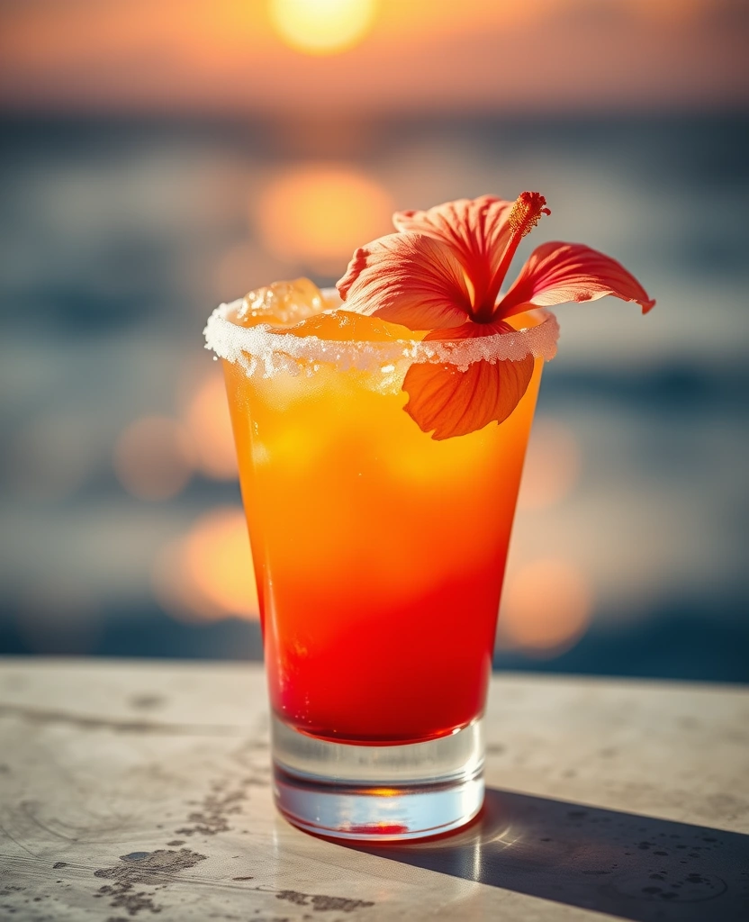 Layered sunset margarita with hibiscus garnish