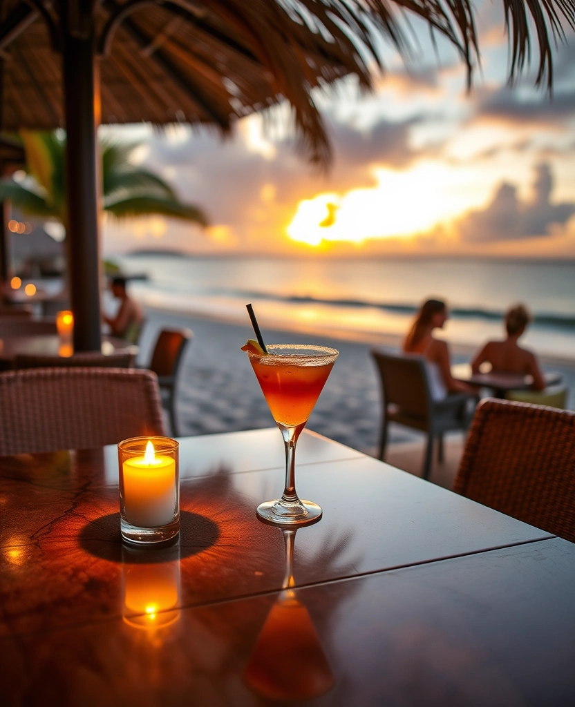 Reserved beachside table at sunset with cocktails